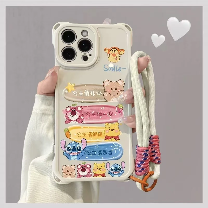 潮牌简约卡通新款公主请开心四角挂绳手机壳全包精孔防摔