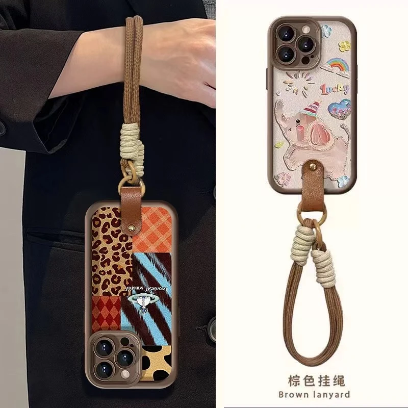 简约豹纹拼接/卡通小飞象天眼立体浮雕手机壳全包精孔防摔+手绳