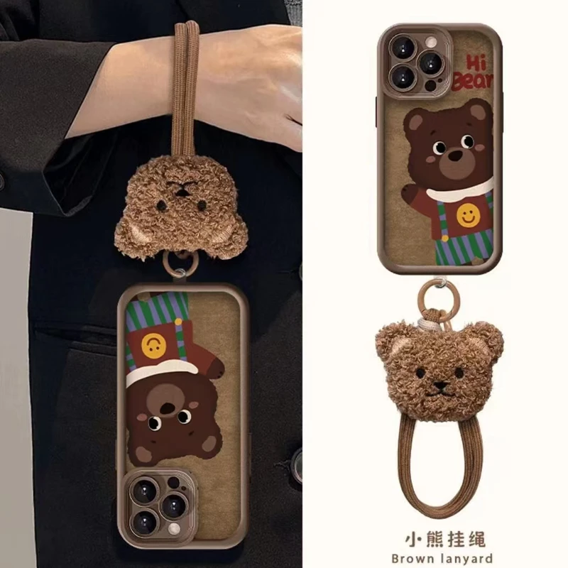 新款可爱简约笑脸小熊天眼浮雕手机壳+手绳全包防摔防丢