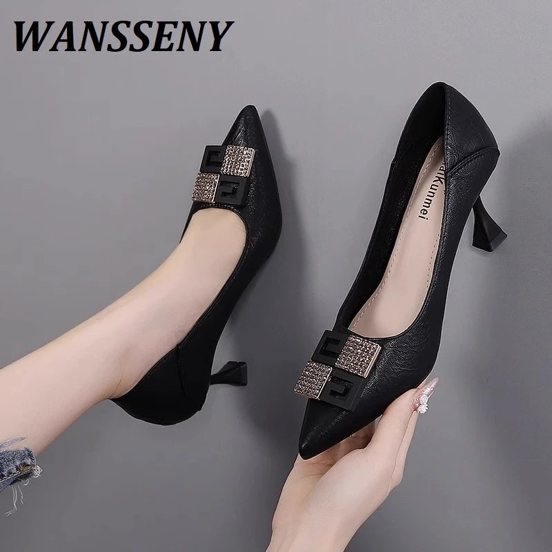 WANSSENY真皮尖头小码女士女鞋新款时尚浅口高跟鞋软皮单鞋细跟
