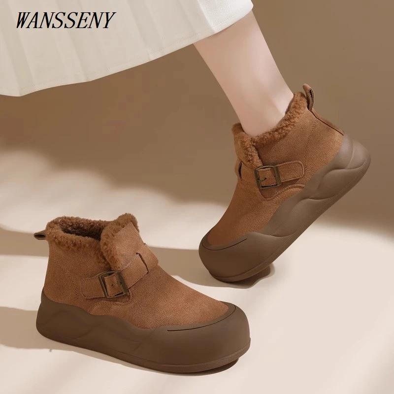 WANSSENY短靴女加绒2025年冬新款保暖英伦风厚底雪地靴时尚棉鞋子