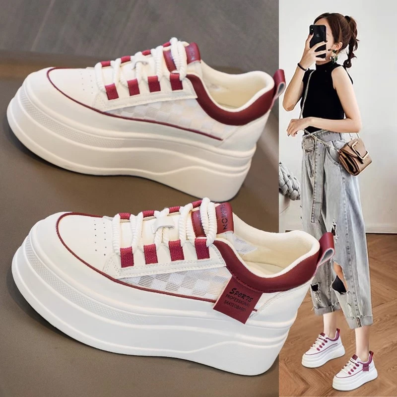 WANSSENY小白鞋女鞋新款爆款夏季网面百搭厚底内增高休闲透气板鞋