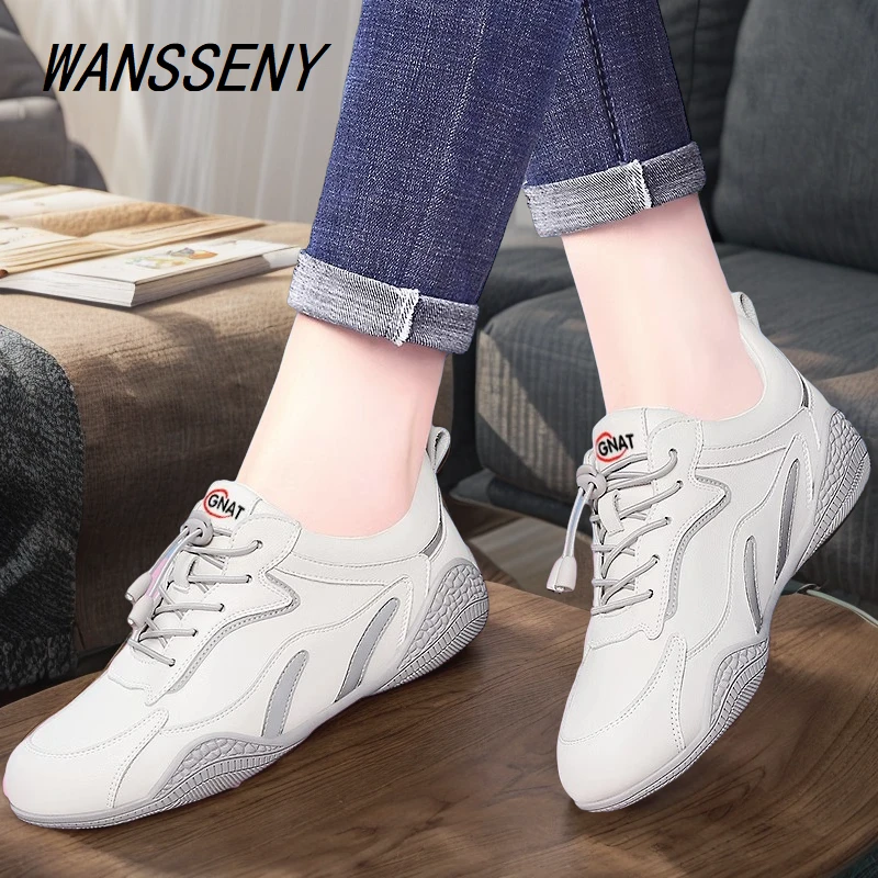 WANSSENY2025春季新款时尚软底一脚蹬休闲运动跑步鞋真皮旅游鞋女