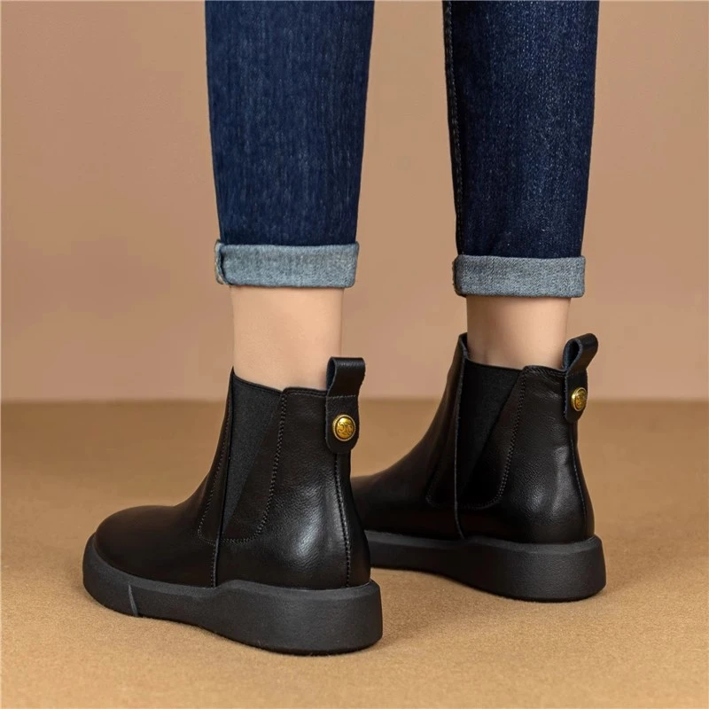 WANSSENY真皮厚底马丁靴女2025秋冬新款切尔西靴时尚单靴加绒短靴