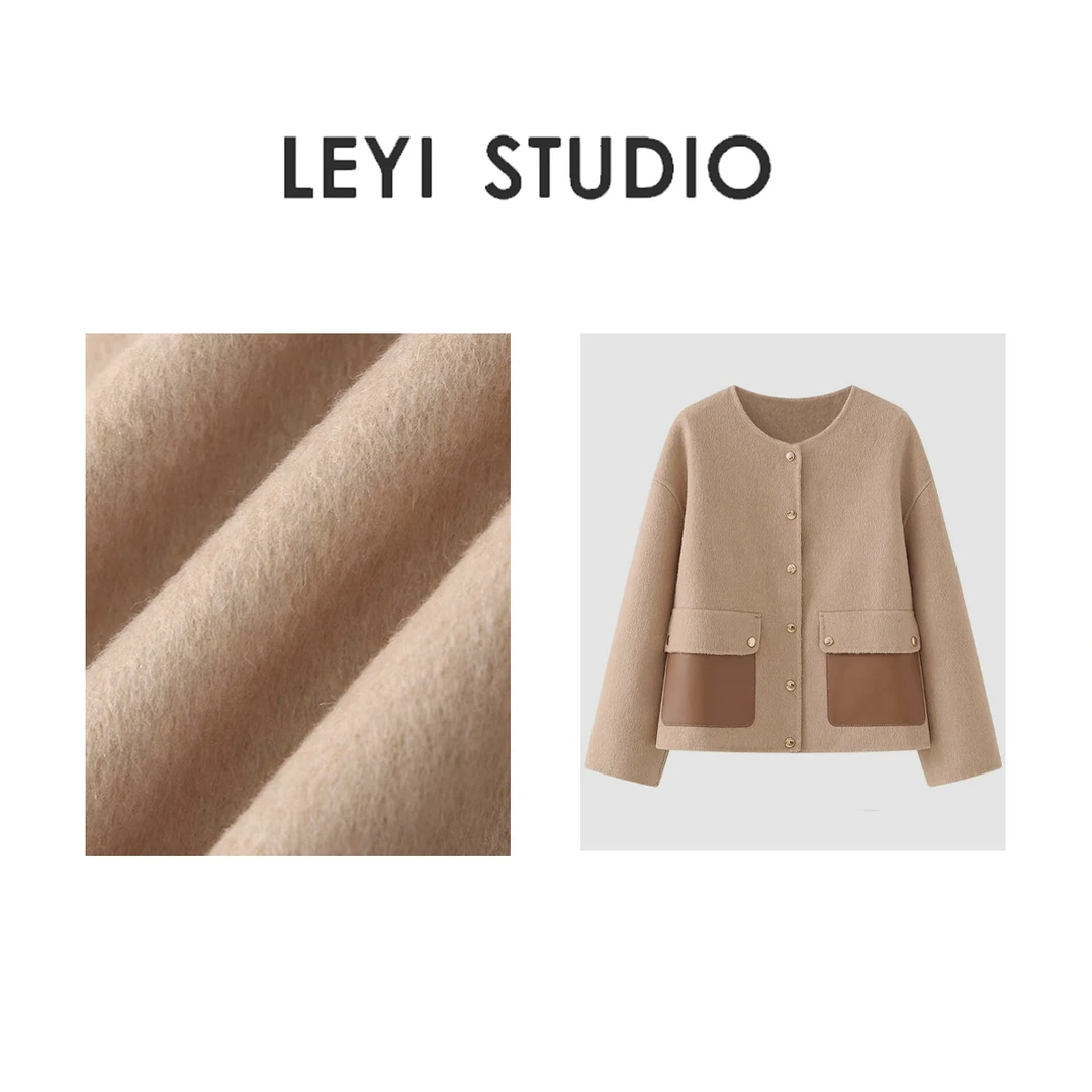 LEYI “口袋大衣”绵羊毛天丝立领拼皮双面呢时尚百搭外套-1124