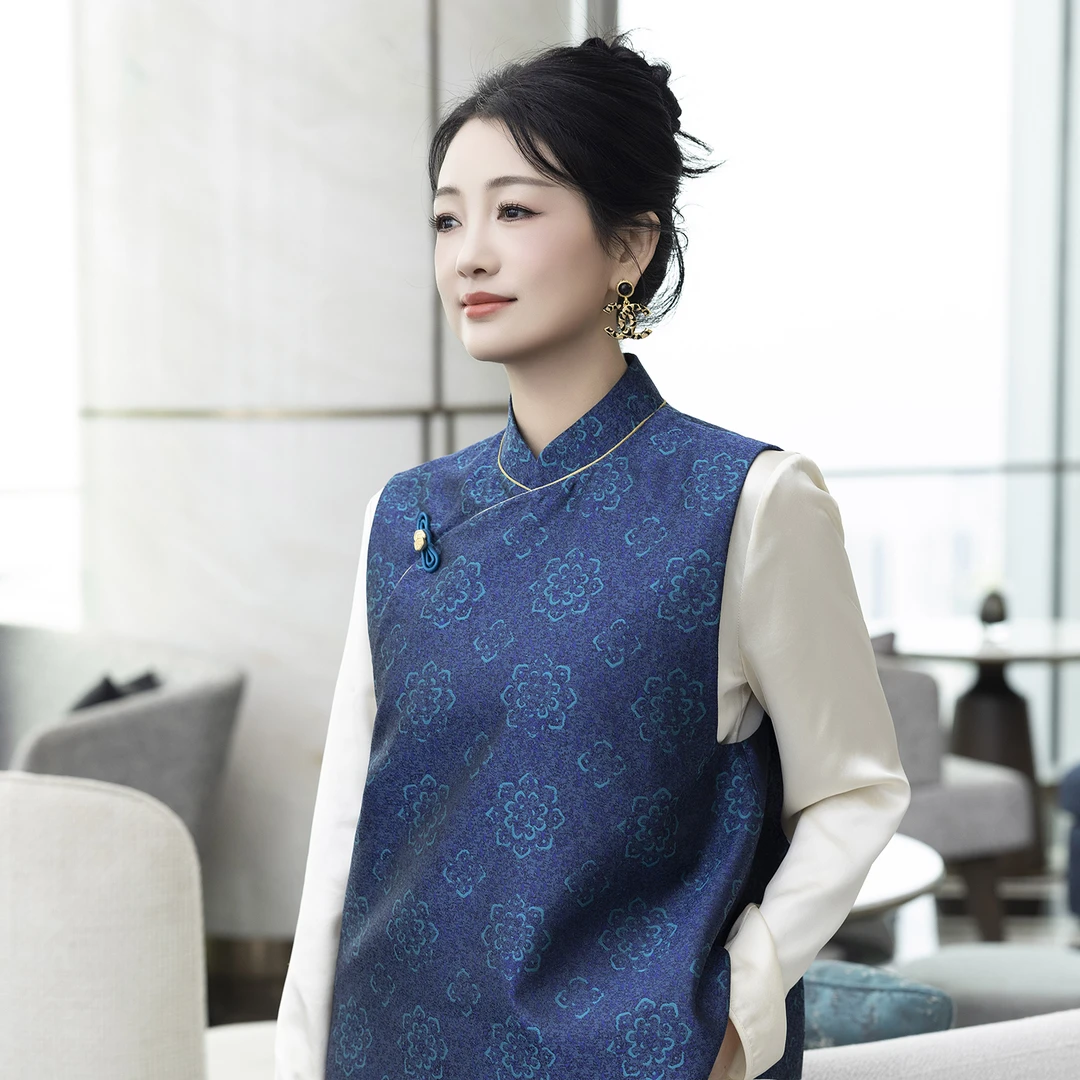 华裳格新中式上久楷蓝紫色敦煌团花纹正品宋锦马甲HS1290