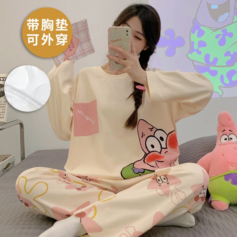 带胸垫睡衣女春秋季长袖网红新款少女秋冬可外出穿家居服套装
