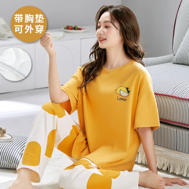 短袖长裤带胸垫睡衣女夏季薄款甜美大码休闲可外穿两件套装家居服