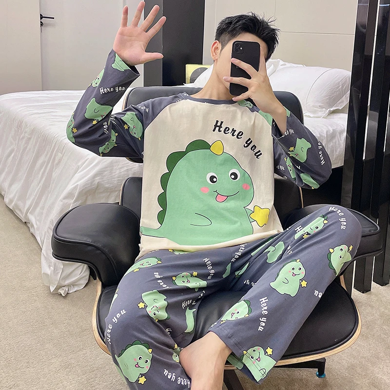 男士睡衣春秋季长袖两件套装秋冬款青少年卡通大码宽松外穿家居服