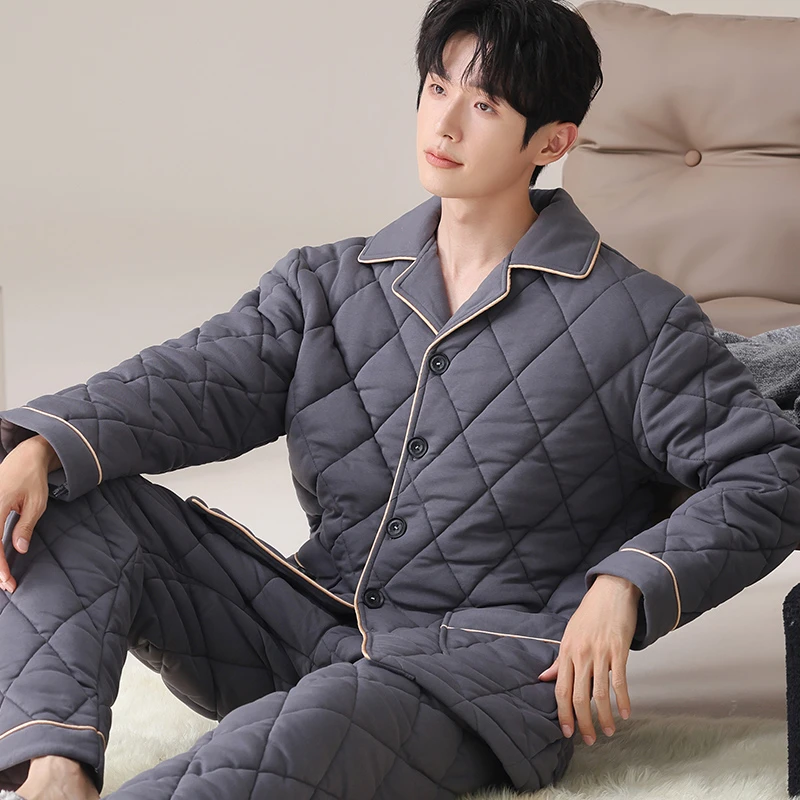 2025新款秋冬季睡衣男士开衫三层夹棉加厚大码青年网红家居服外穿