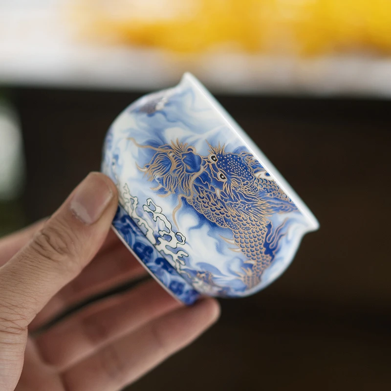 陶瓷主人杯手绘龙纹白瓷描金纯手工中式大号茶杯男士专用茶杯复古