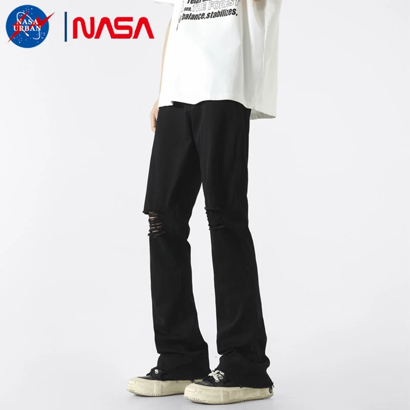 NASA URBAN新款宽松高街直筒破洞牛仔裤男士美式潮牌百搭休闲长裤