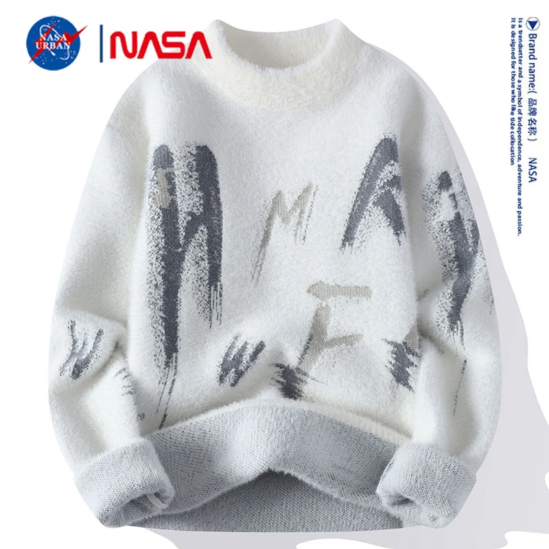 NASA URBAN仿水貂绒毛衣男士秋冬新款潮流加厚保暖百搭针织打底衫