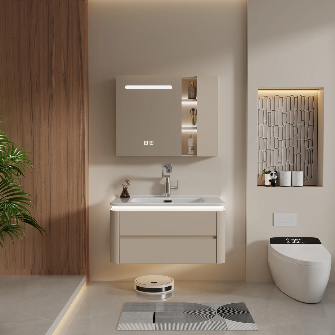 岩板陶瓷无缝盆洗漱组合智能镜柜时尚收纳简约环保工艺定制防潮