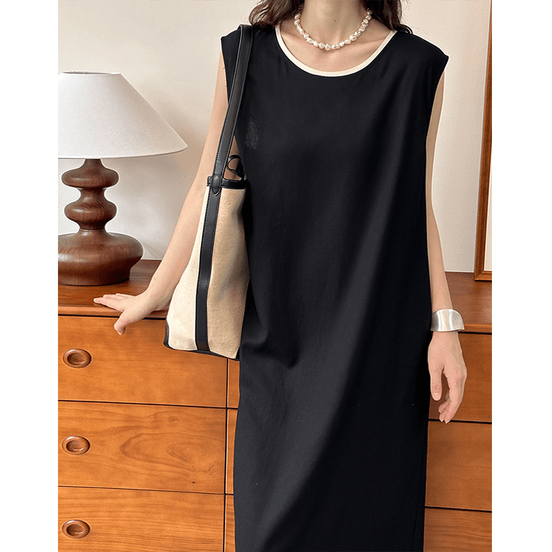2024夏季新款长裙复古无袖直筒背心开叉气质连衣裙
