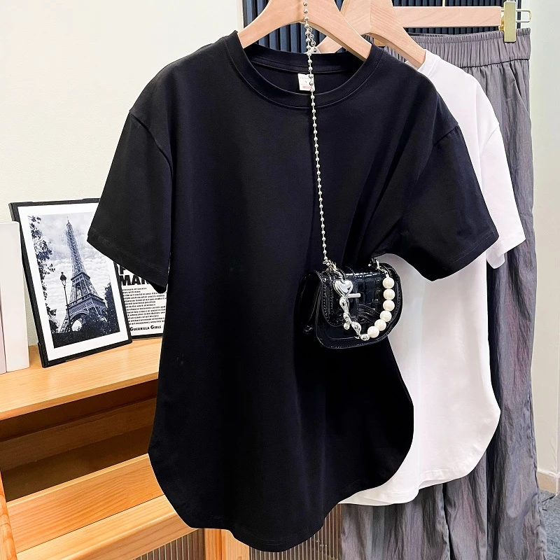 弧形下摆圆领短袖t恤女夏季新款大码胖mm300斤显瘦遮肚中长款上衣