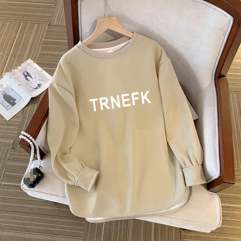 洋气大码300斤圆领长袖t恤爆款简约加绒加厚秋季女款印花休闲卫衣
