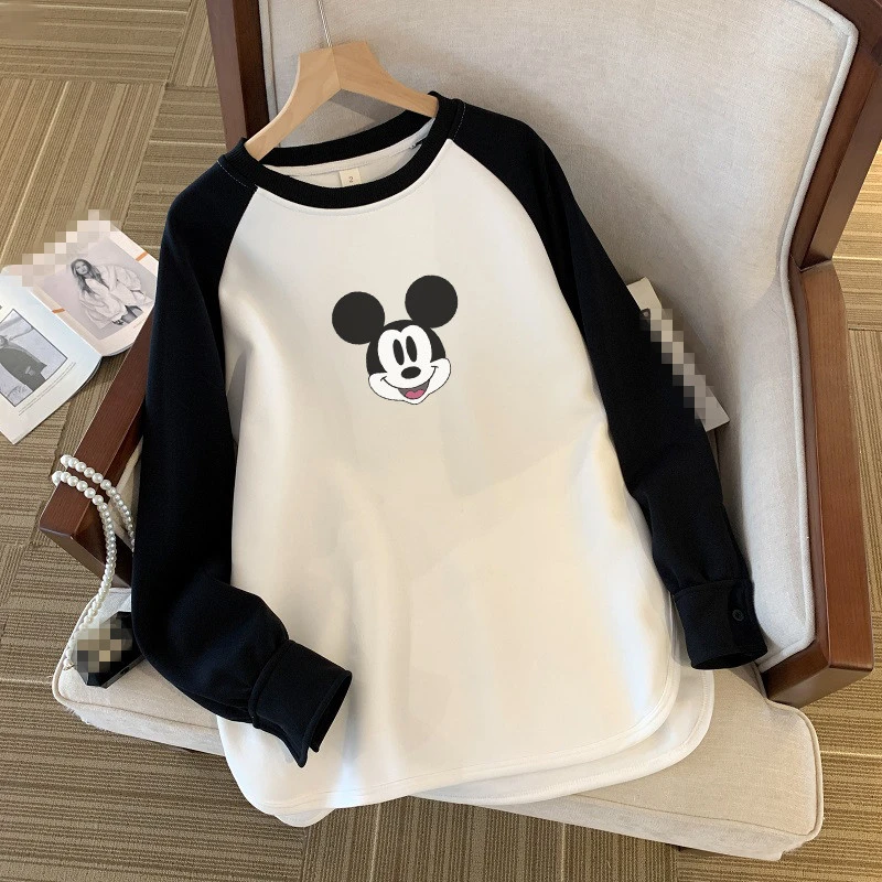 秋冬加绒保暖长袖T恤卡通米奇印花打底衫女款休闲大码300斤卫衣