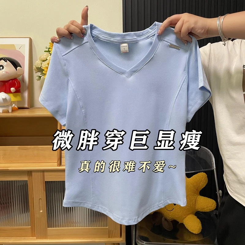 欧货大码修身短袖t恤女夏装新款显瘦V领小衫设计感鱼骨小众上衣