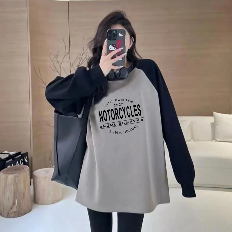 插肩字母印花秋冬加绒卫衣男女2023大码300斤宽松慵懒风百搭上衣