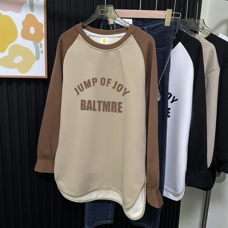 秋冬新款中长款大码打底衫美式复古插肩袖上衣加绒保暖套头卫衣女