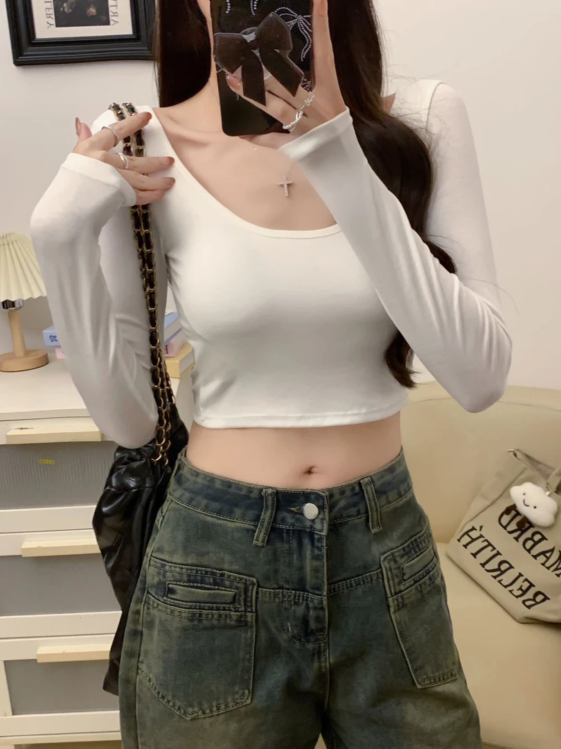 网红春秋螺纹正肩U领辣妹上衣长袖T恤女装ins外穿内搭百搭打底衫