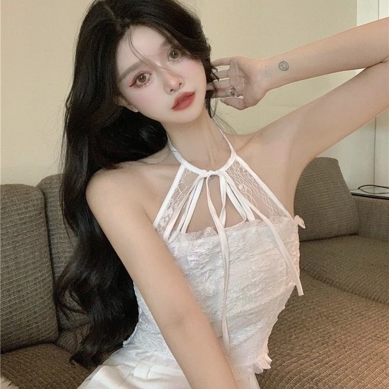 镂空网红吊带小背心女冬季夏季白色木耳边外穿性感美背露背衫上衣