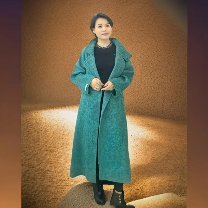 冬季时尚网红双面澳毛大衣气质宽松加厚设计师中长款羊绒绿色