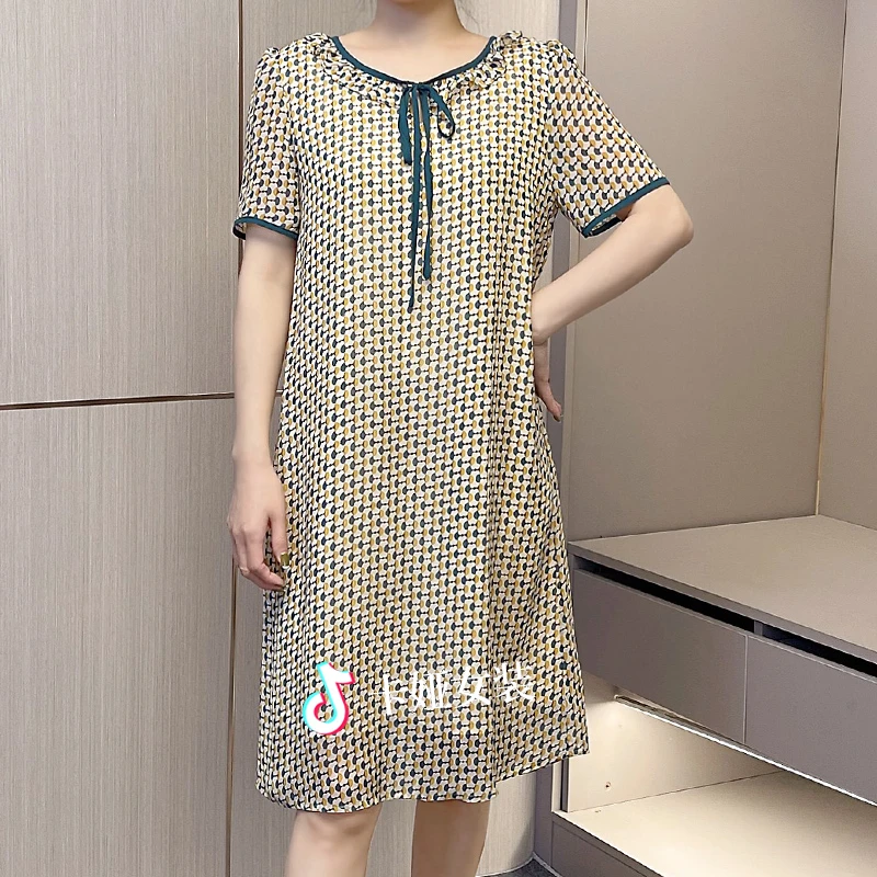 夏季时尚妈妈装圆领系带短袖宽松遮肚子显瘦连衣裙F1690