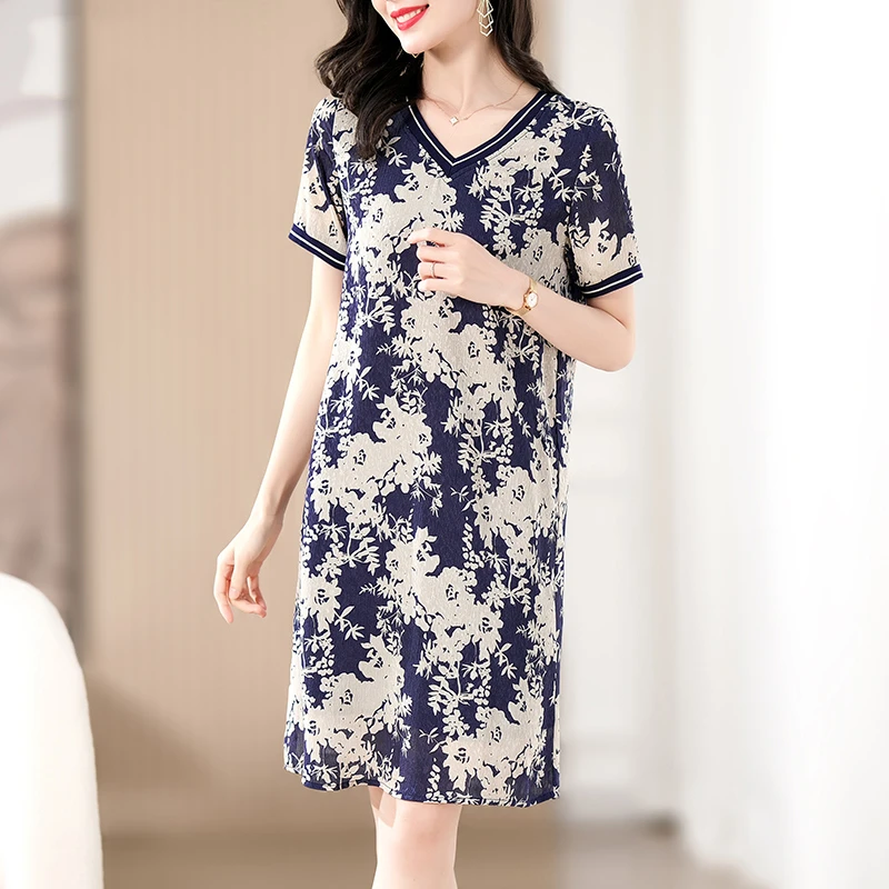 夏季短袖气质水墨印花连衣裙女2023新款妈妈法式简约高端休闲裙子
