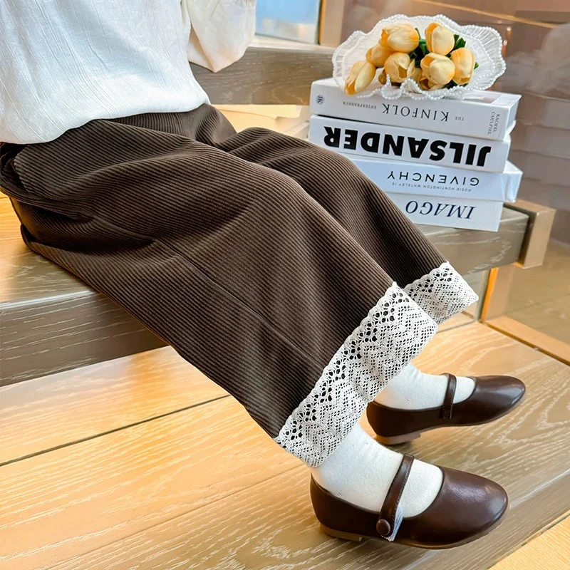 双十一活动童装女宝宝冬装裤子女童加绒加厚蕾丝阔腿裤