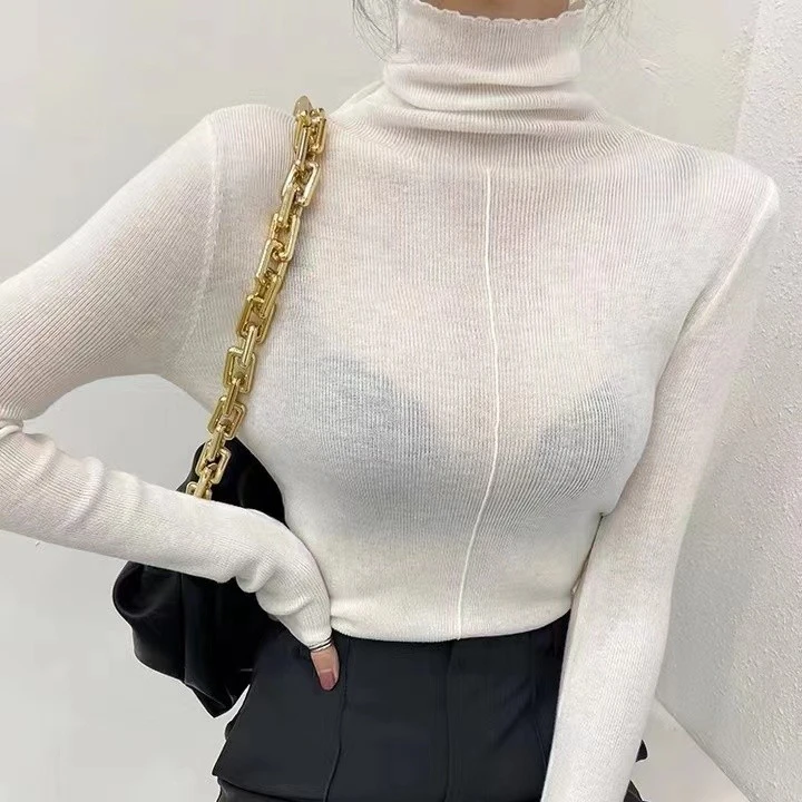 羊毛细条高领打底衫女秋冬修身内搭洋气糖果色堆堆领微透针织衫衣