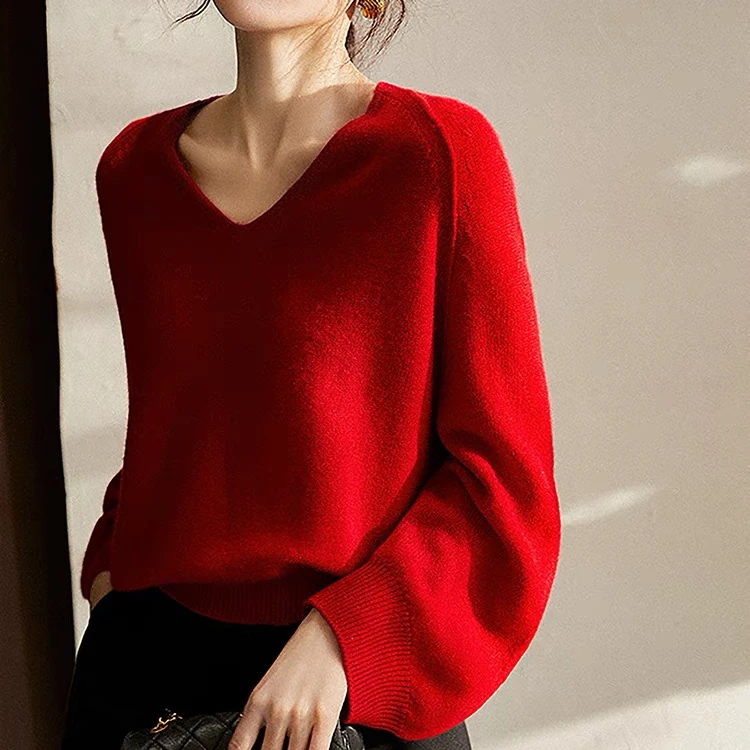茉莉胭脂套衫显瘦羊毛宽松V领毛衣春秋灯笼百搭女士长袖针织上衣