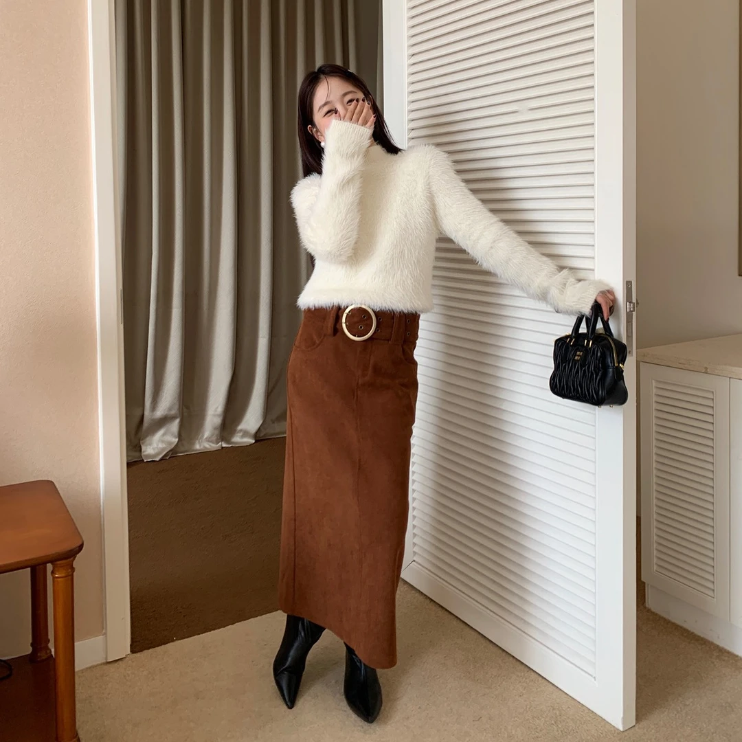 秋冬裙子复古百搭高腰直筒配腰带半身裙85070