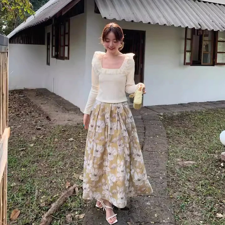 NEWOPEN 2024新款小清新温柔气质压褶花朵半身裙C0586