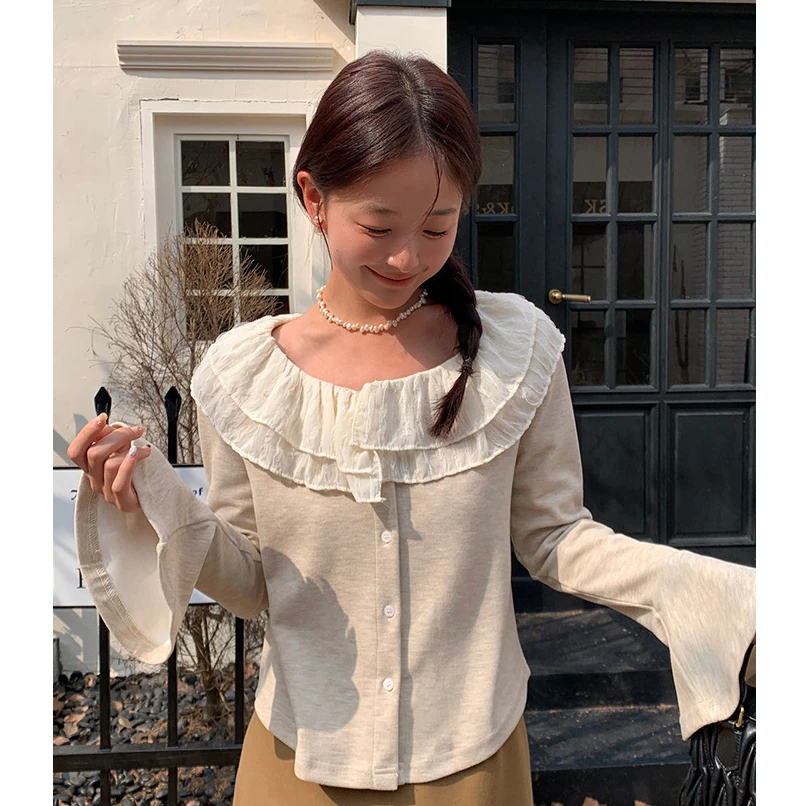 秋冬时尚双层荷叶领修身显瘦长袖衬衫女针织83899