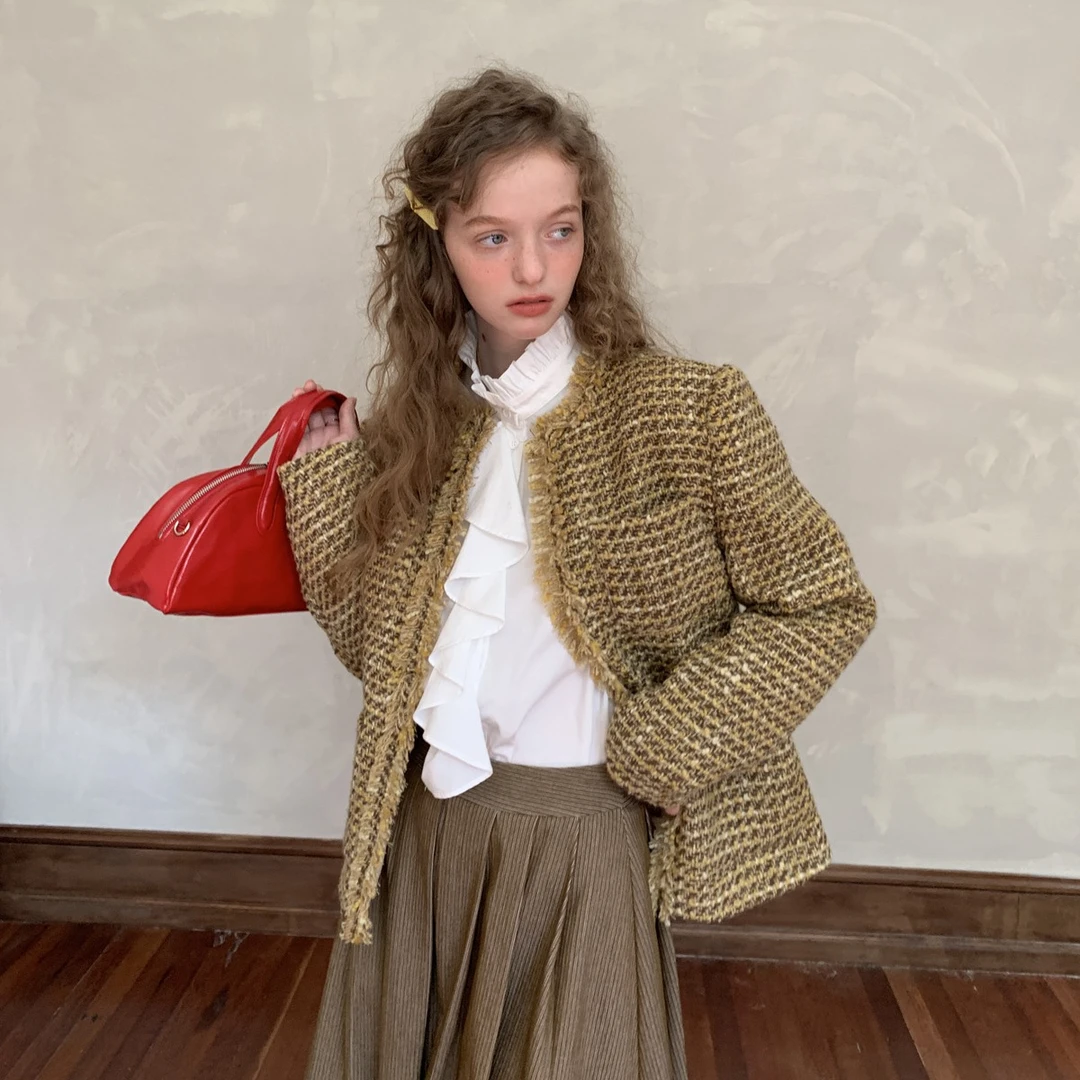 秋冬季复古粗花呢毛边小香风外套女款千鸟格时尚83852