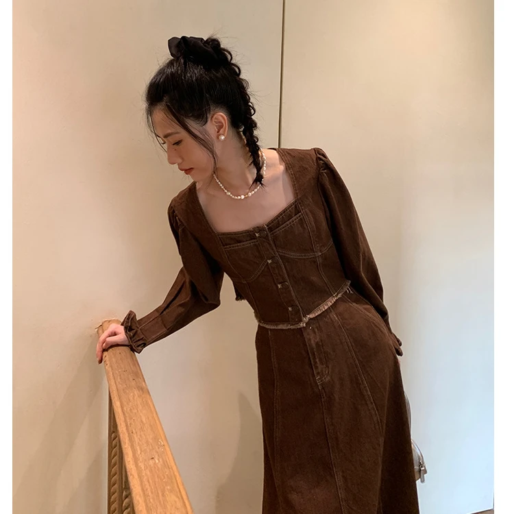 秋季时尚休闲牛仔两件套女短款开衫半身裙套装复古83603