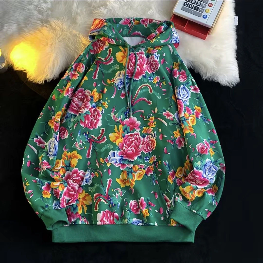 东北热销大花连帽卫衣学生不加绒春秋款薄款可爱