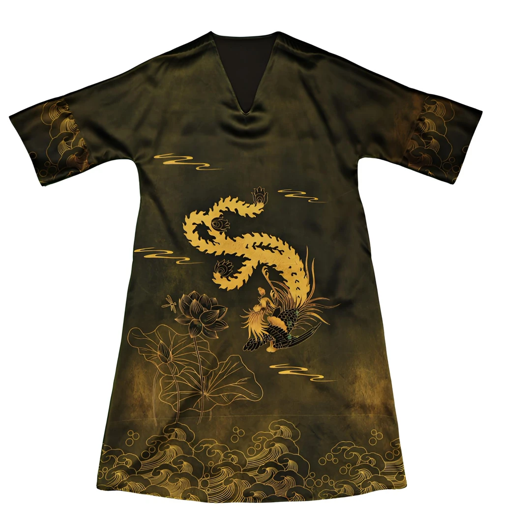 重锻香云纱V领复古宽松前后印花半袖长款袍（孤品）(A2024809)