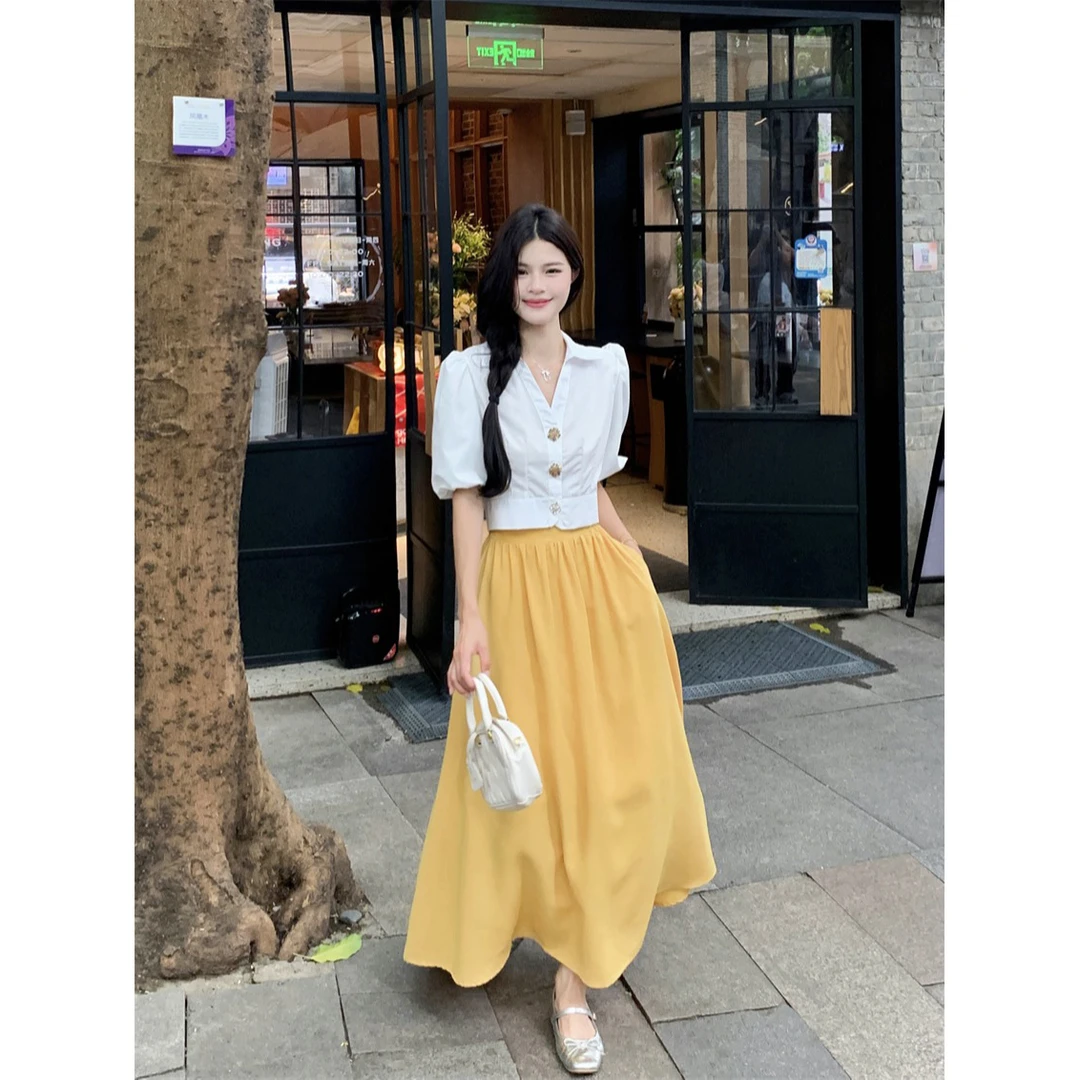 夏季新款女装2024洋气高腰显瘦A字黄色半身长裙小个子百搭半身裙