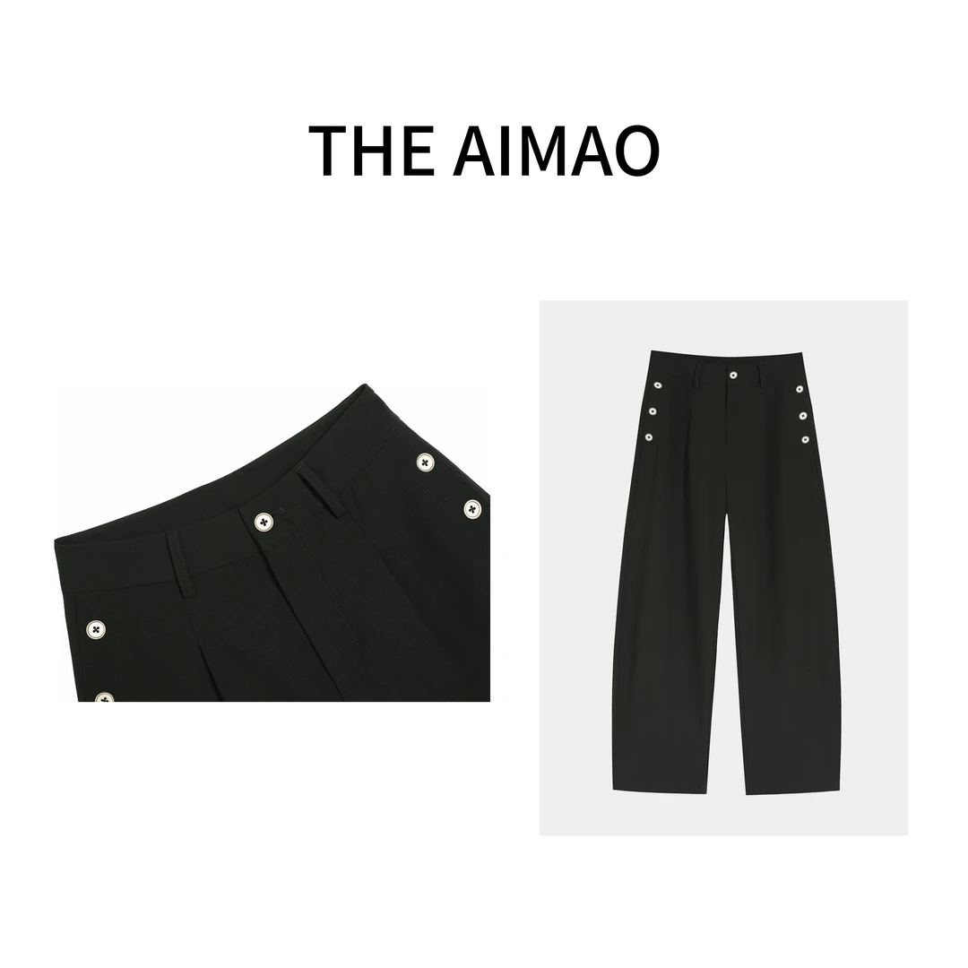 【THE AIMAO】‘’不皱裤‘’高腰夏季女长裤黑色设计款休闲裤XYX80352