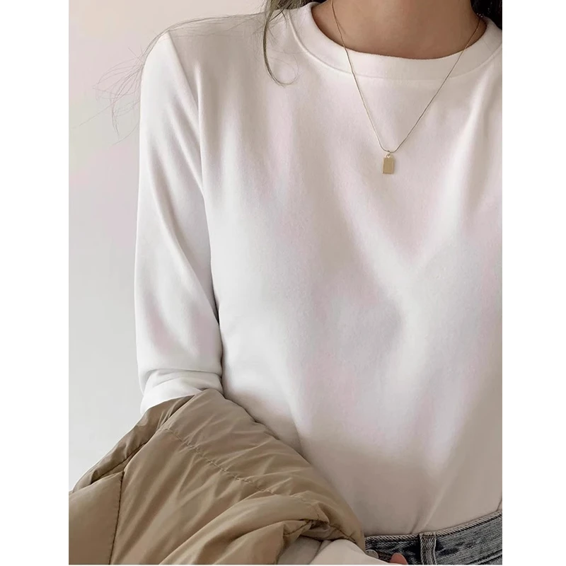 F003德绒打底衫女装秋冬白色内搭上衣2024年新款慵懒风长t恤