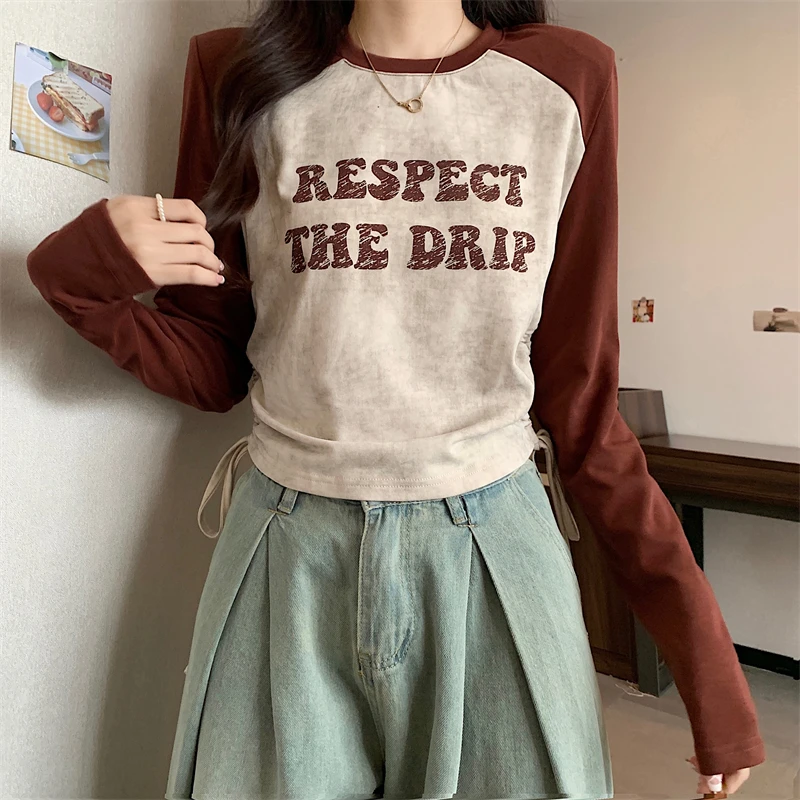 实拍 早秋新款宽松显瘦圆领拼接字母印花抽绳短款长袖T恤女潮