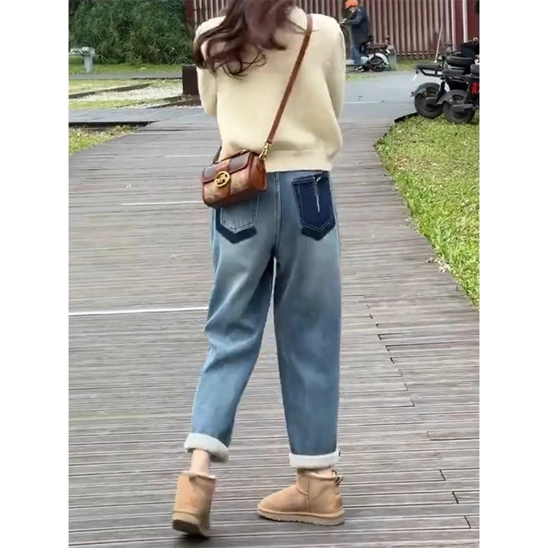 加绒女士哈伦萝卜高级时尚百搭牛仔裤女秋冬新款梨型身材老爹裤子