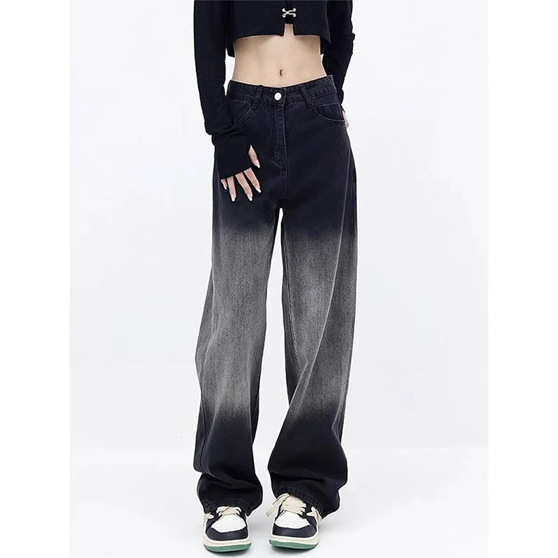 高腰复古宽松黑色渐变天丝牛仔裤女夏季薄款显瘦小个子冰丝阔腿裤