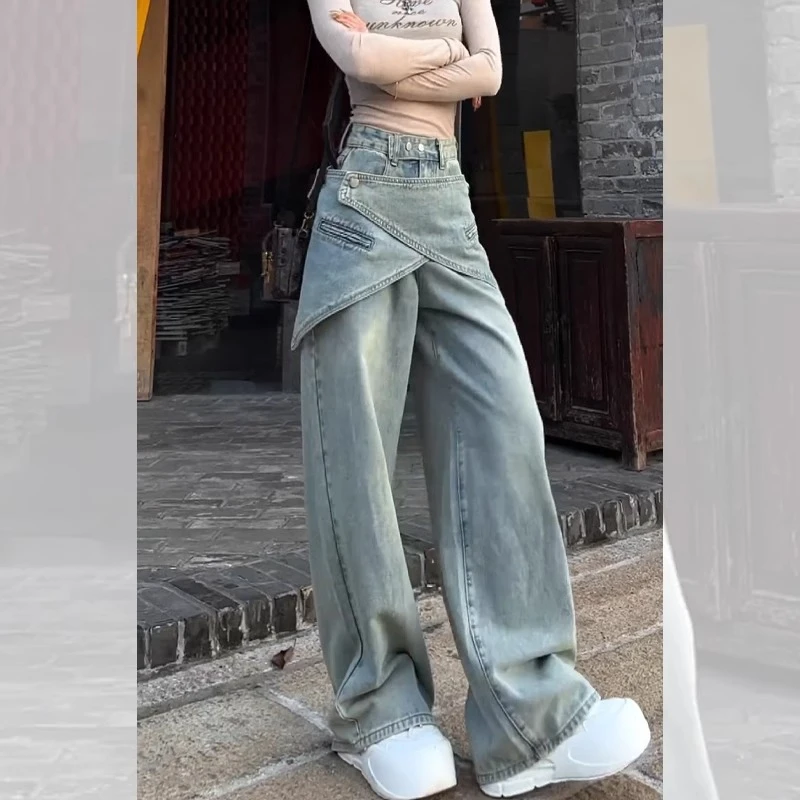 假两件高腰牛仔裤女2025年春夏新款街头个性复古可拆卸腰封裤子女
