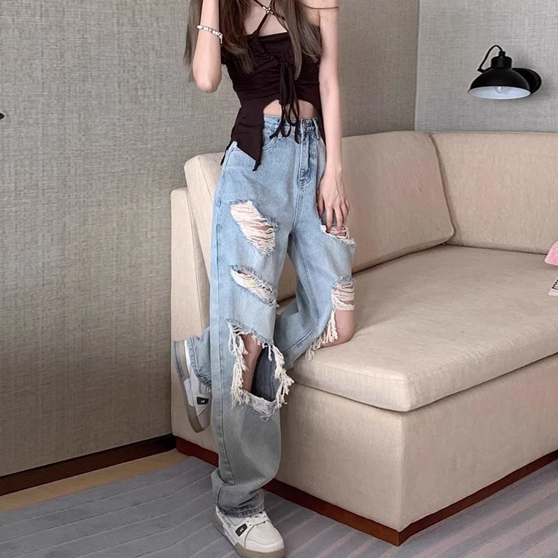 破洞牛仔裤女夏天薄款阔腿宽松高腰小个子浅色美式高街冰丝破洞裤