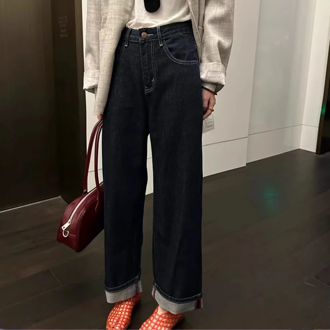 BUT5270深蓝色卷边阔腿牛仔裤女2025秋季新款高腰显瘦阔腿裤百搭