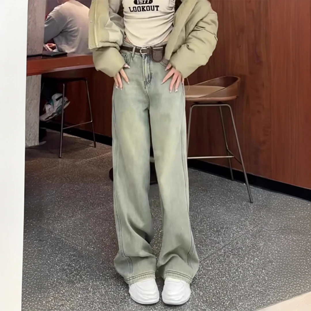 欧货时尚阔腿牛仔裤女装秋冬季保暖美式休闲直筒裤子宽松拖地长裤